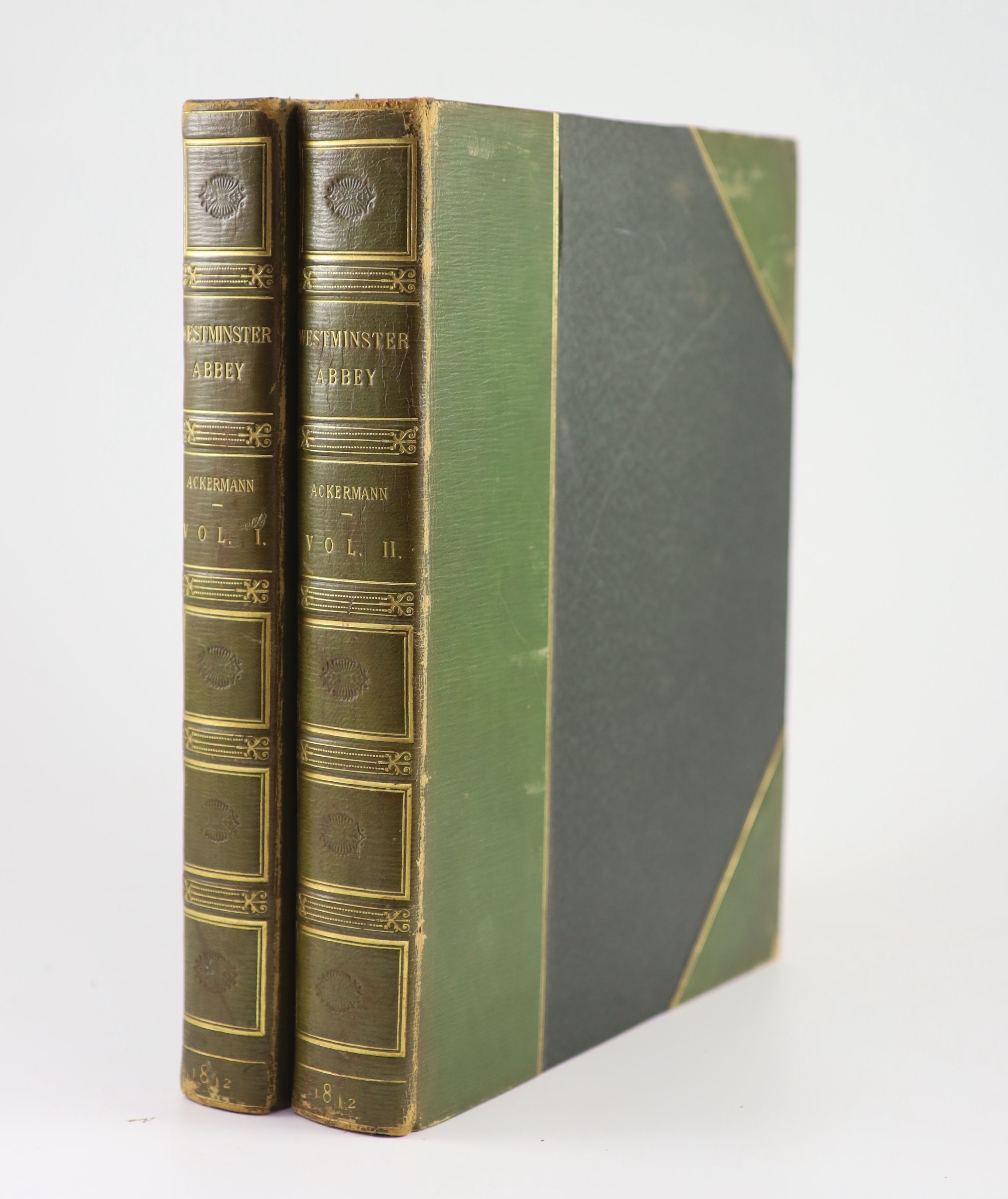 Ackermann Publications, Rudolph - The History of the Abbey Church of St. Peter’s Westminster, 1st edition, 2 vols, qto, half green morocco, with plan, portrait and 81 hand-coloured plates, London, 1812